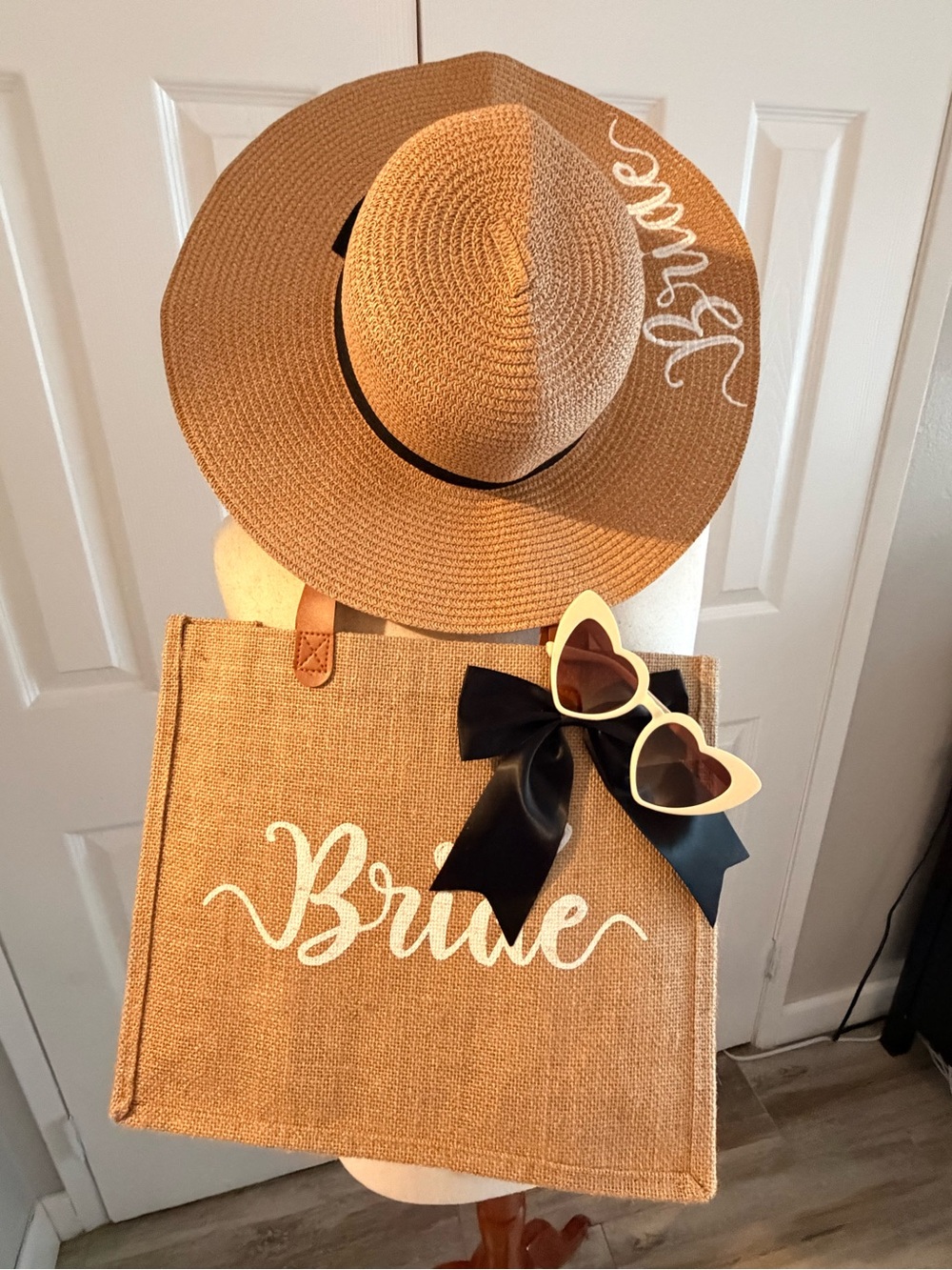 Bridal Straw Tote Bag, hat and sun glasses with 'Bride' Script.
